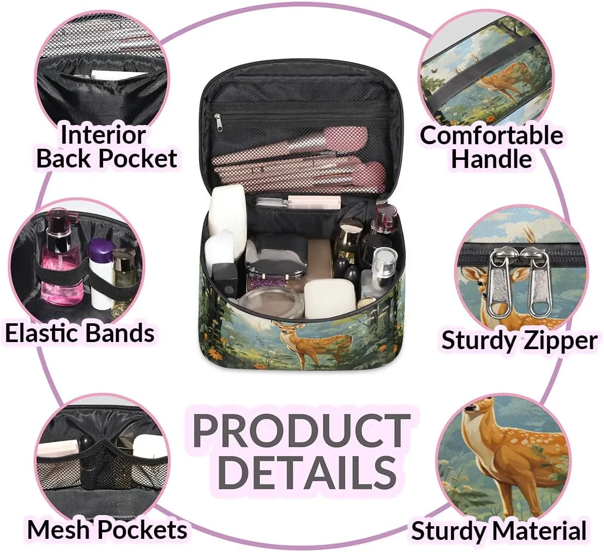 Makeup Bag Large Deer Forest Animal Toiletry Bag for Women Travel Cosmetic Bag Portable Makeup Bag for Bottles Brushes Lipstick Skin Care