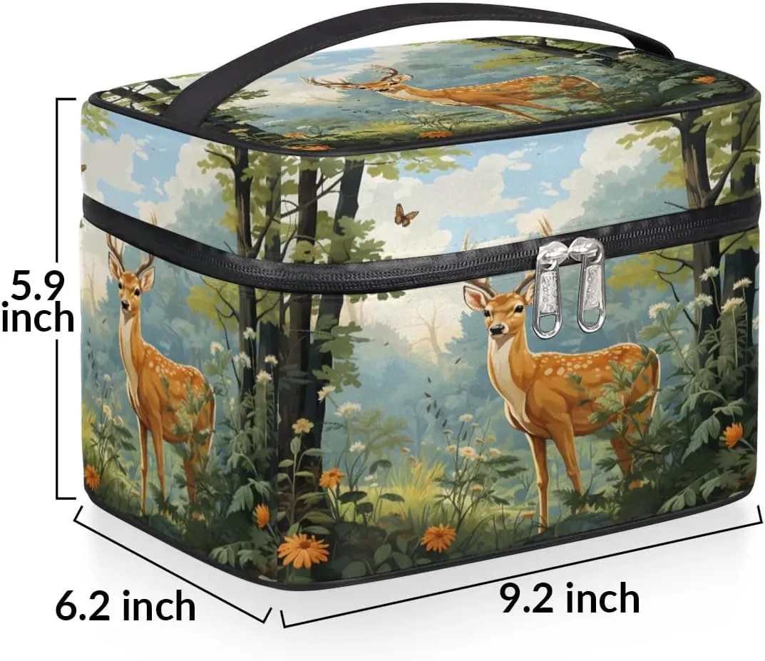 Makeup Bag Large Deer Forest Animal Toiletry Bag for Women Travel Cosmetic Bag Portable Makeup Bag for Bottles Brushes Lipstick Skin Care
