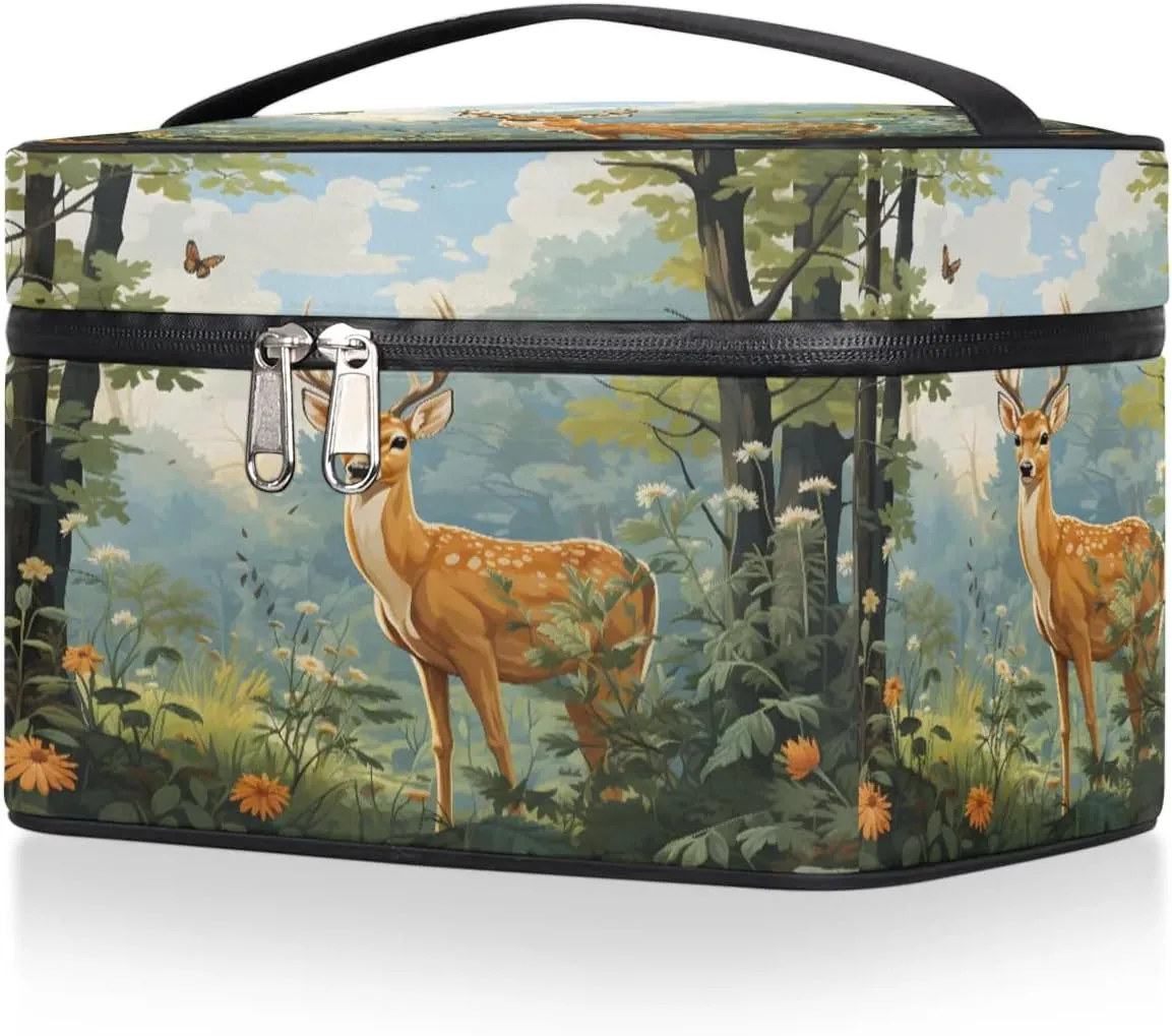Makeup Bag Large Deer Forest Animal Toiletry Bag for Women Travel Cosmetic Bag Portable Makeup Bag for Bottles Brushes Lipstick Skin Care