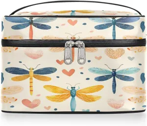 Makeup Bag Large Dragonfly Love Heart Toiletry Bag for Women Travel Cosmetic Bag Portable Makeup Bag for Bottles Brushes Lipstick Skin Care