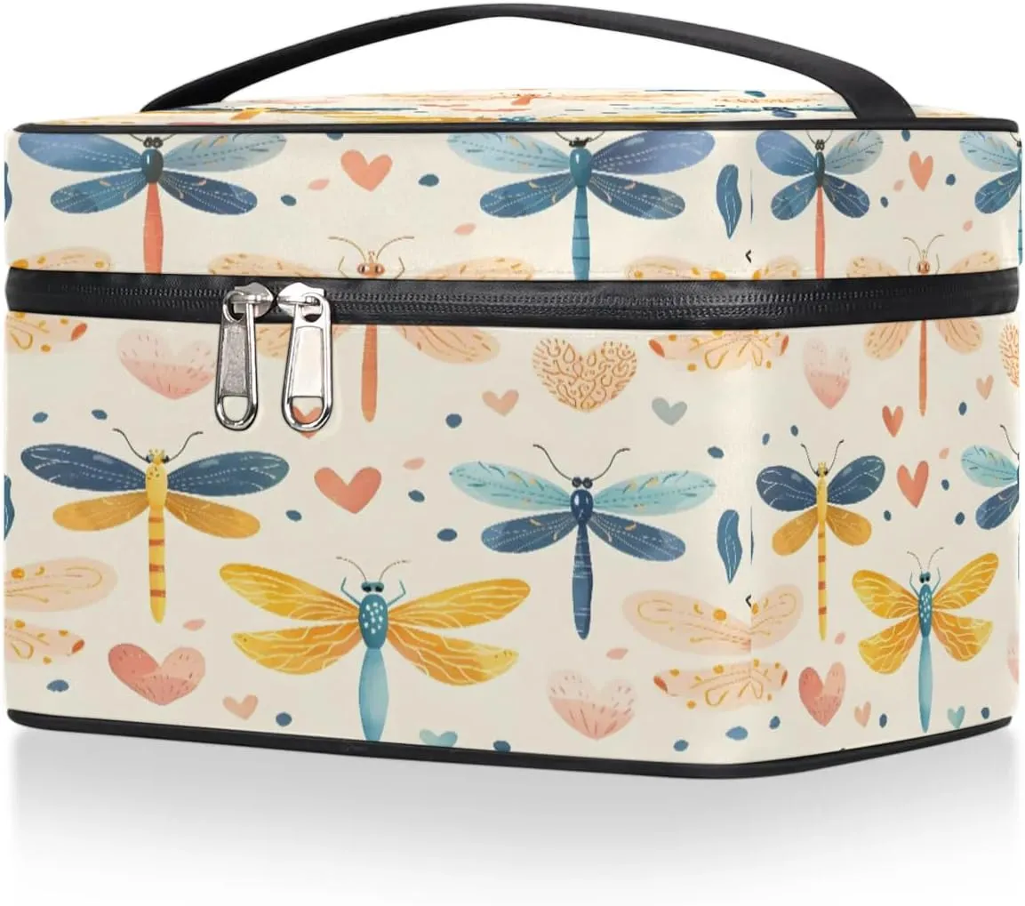 Makeup Bag Large Dragonfly Love Heart Toiletry Bag for Women Travel Cosmetic Bag Portable Makeup Bag for Bottles Brushes Lipstick Skin Care