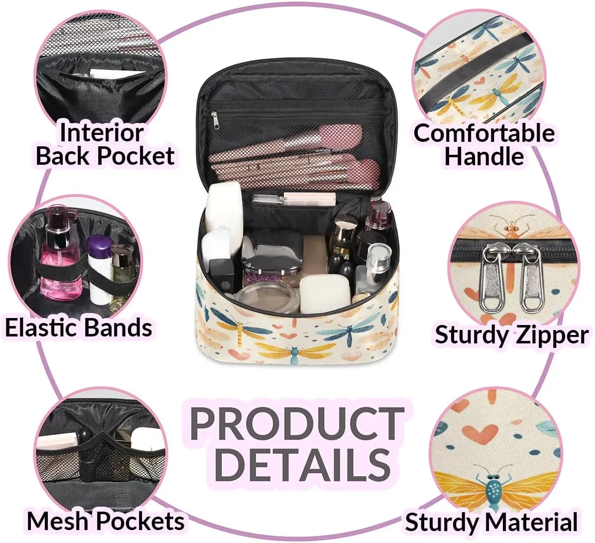 Makeup Bag Large Dragonfly Love Heart Toiletry Bag for Women Travel Cosmetic Bag Portable Makeup Bag for Bottles Brushes Lipstick Skin Care