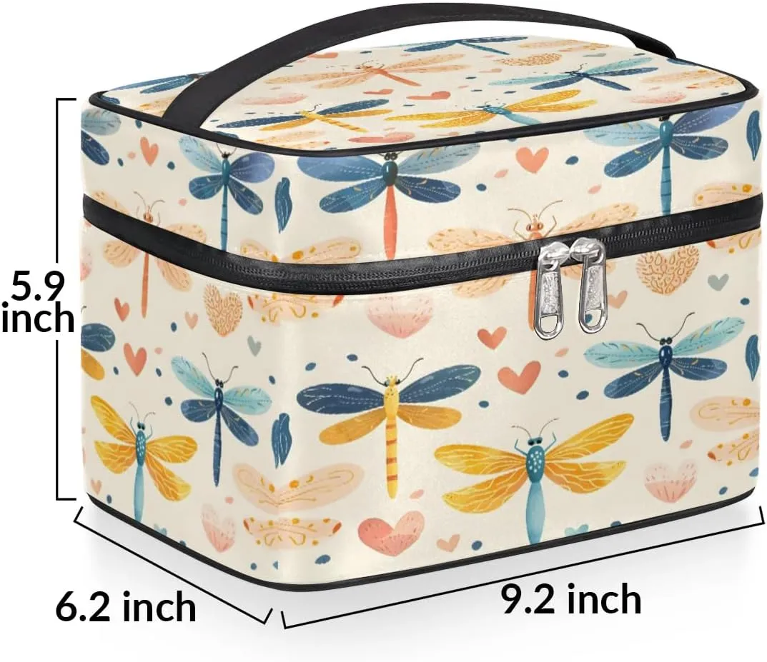 Makeup Bag Large Dragonfly Love Heart Toiletry Bag for Women Travel Cosmetic Bag Portable Makeup Bag for Bottles Brushes Lipstick Skin Care