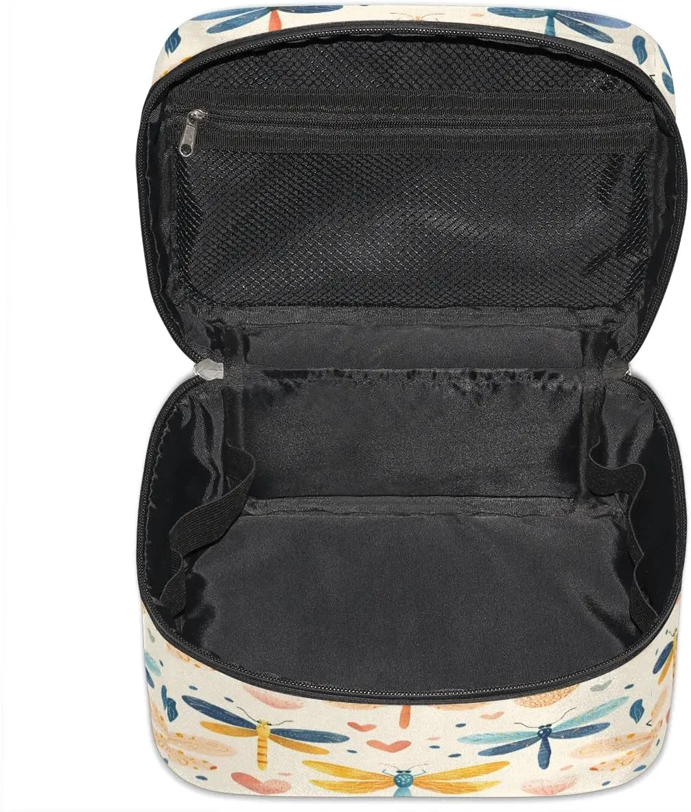 Makeup Bag Large Dragonfly Love Heart Toiletry Bag for Women Travel Cosmetic Bag Portable Makeup Bag for Bottles Brushes Lipstick Skin Care