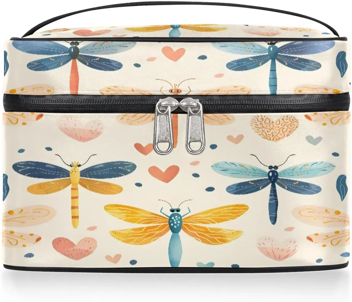 Makeup Bag Large Dragonfly Love Heart Toiletry Bag for Women Travel Cosmetic Bag Portable Makeup Bag for Bottles Brushes Lipstick Skin Care