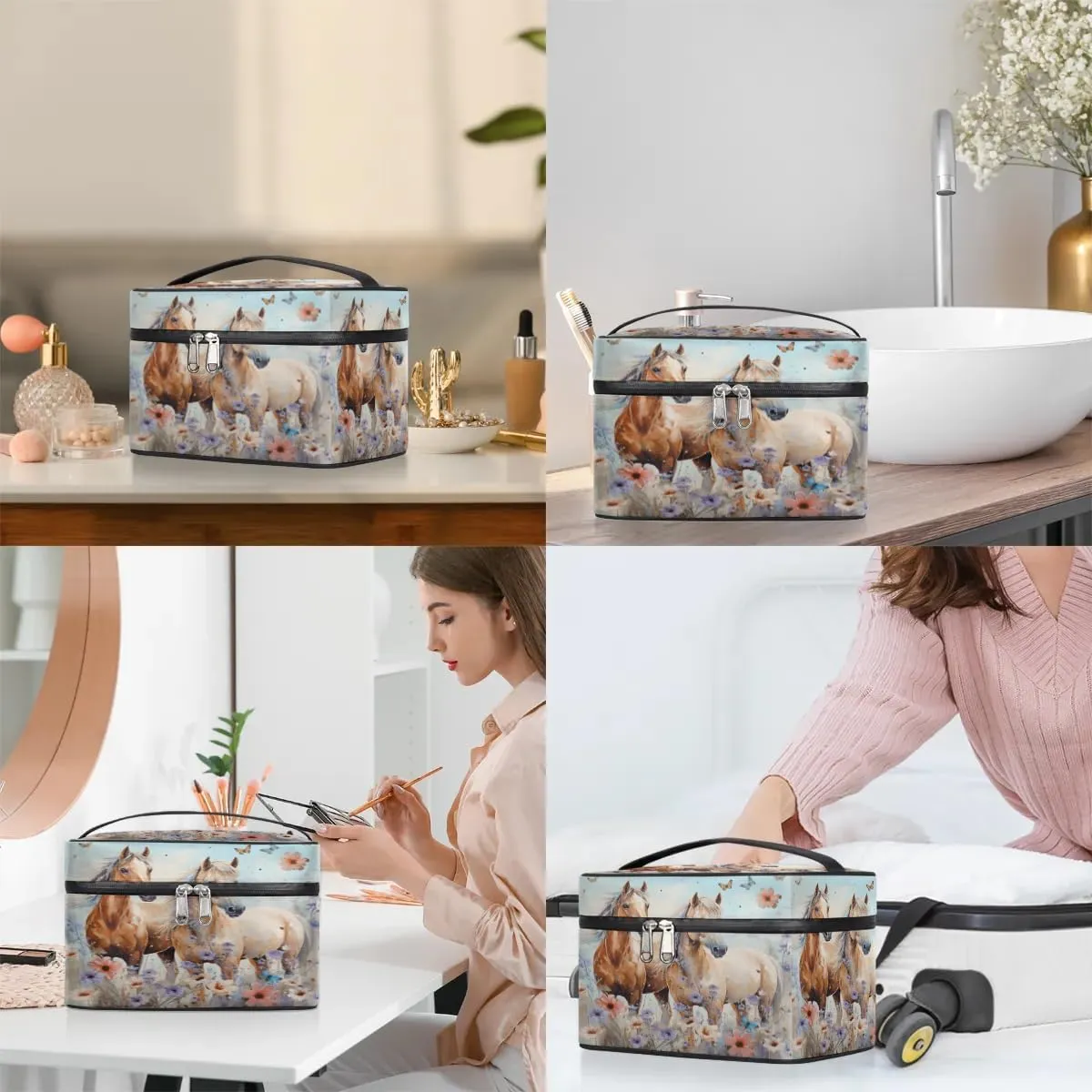 Makeup Bag Large Flowers Horses Toiletry Bag for Women Travel Cosmetic Bag Portable Makeup Bag for Bottles Brushes Lipstick Skin Care