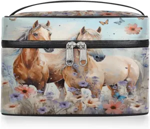 Makeup Bag Large Flowers Horses Toiletry Bag for Women Travel Cosmetic Bag Portable Makeup Bag for Bottles Brushes Lipstick Skin Care