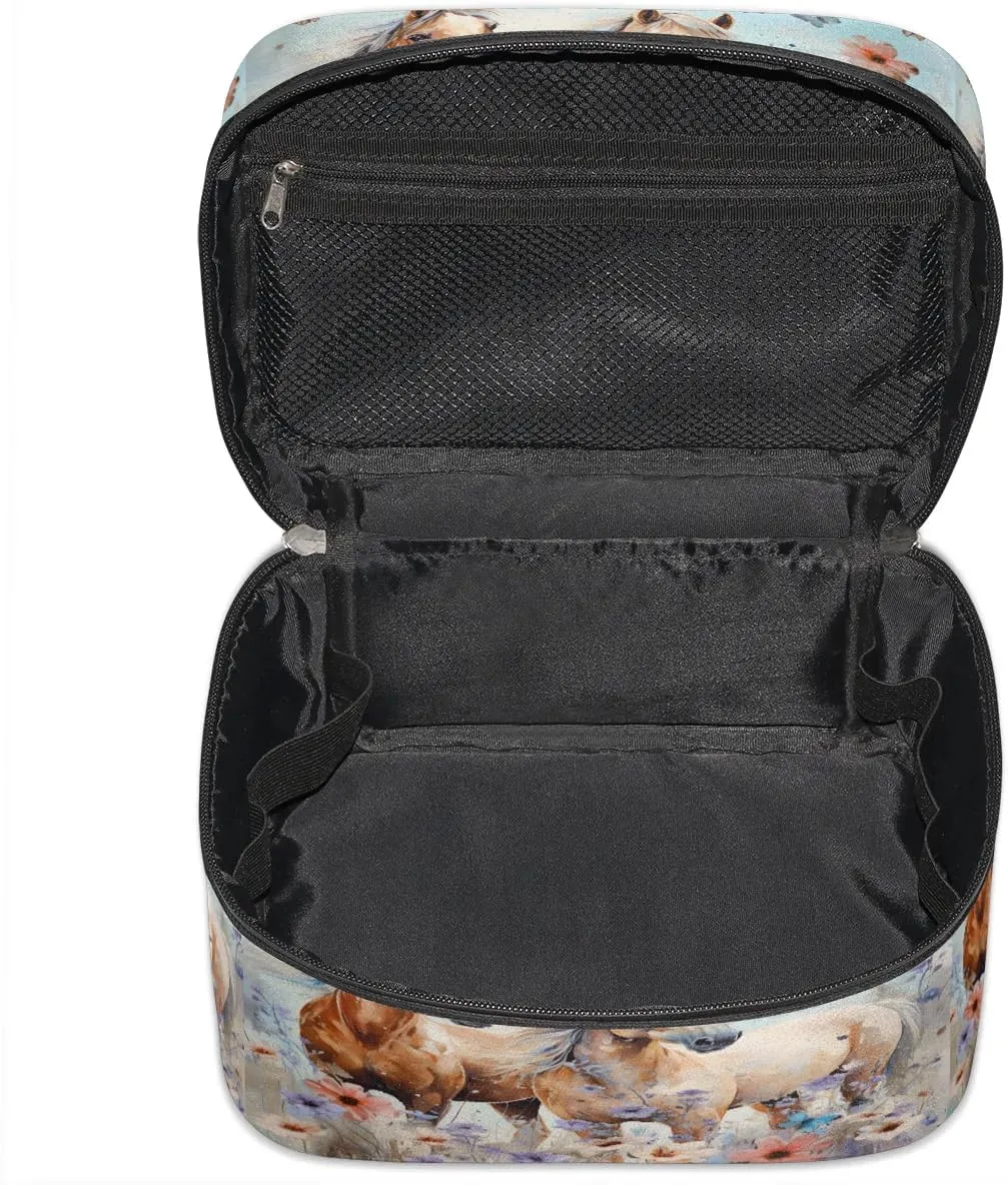 Makeup Bag Large Flowers Horses Toiletry Bag for Women Travel Cosmetic Bag Portable Makeup Bag for Bottles Brushes Lipstick Skin Care