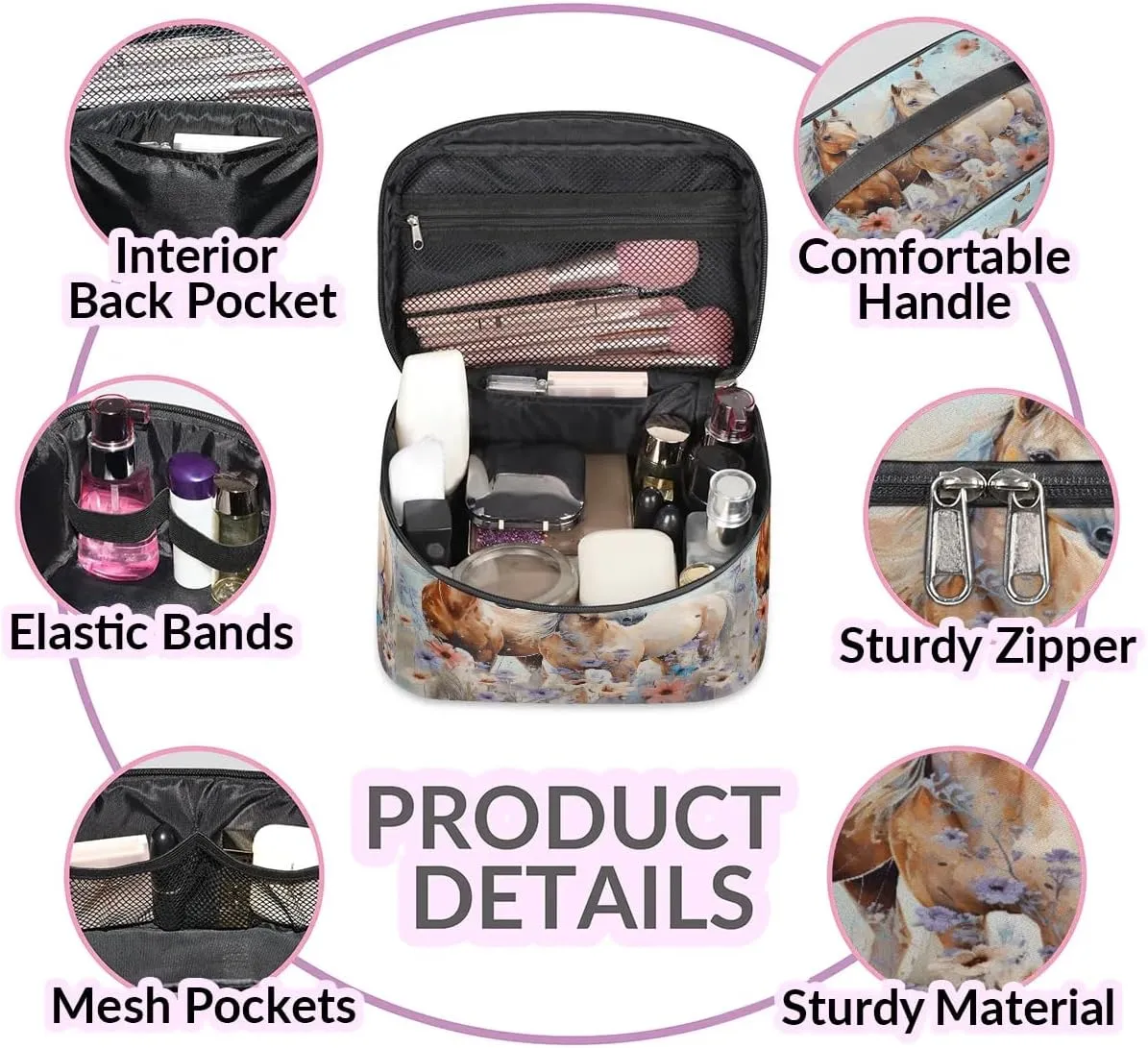 Makeup Bag Large Flowers Horses Toiletry Bag for Women Travel Cosmetic Bag Portable Makeup Bag for Bottles Brushes Lipstick Skin Care