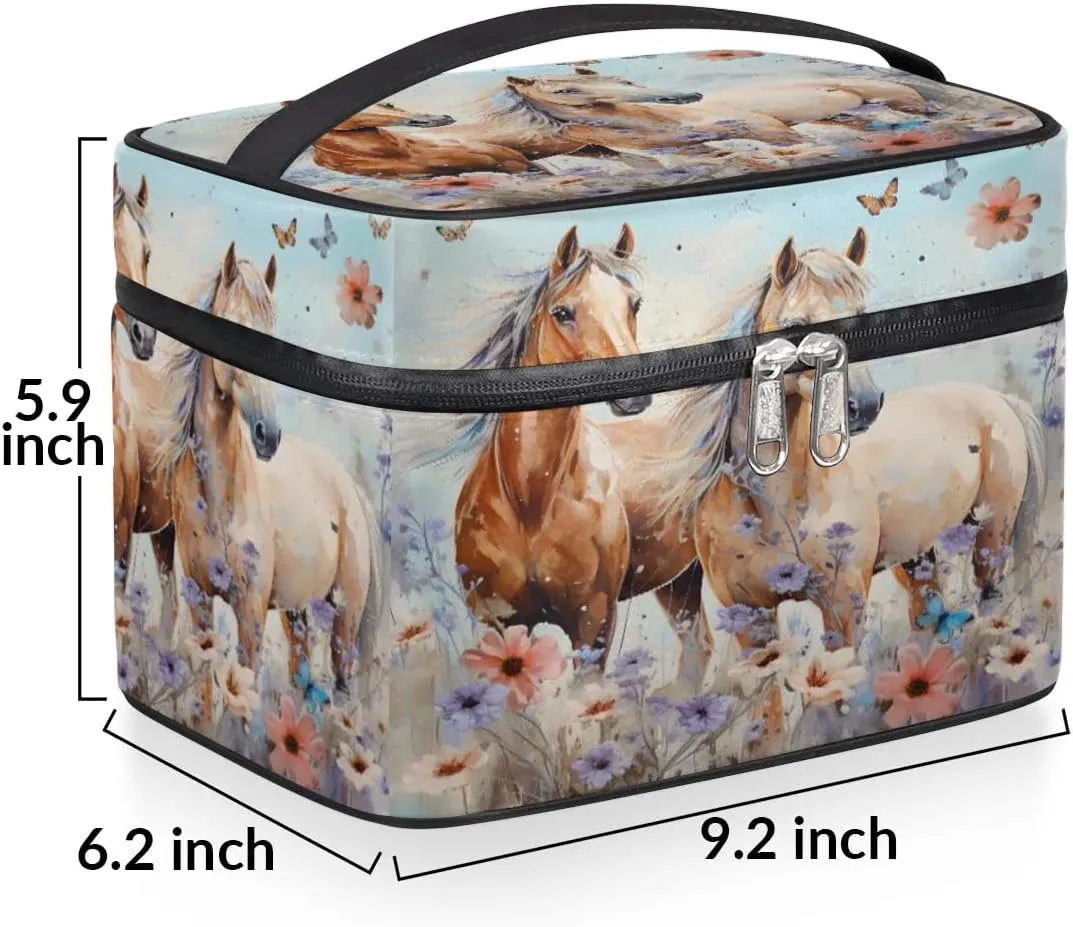 Makeup Bag Large Flowers Horses Toiletry Bag for Women Travel Cosmetic Bag Portable Makeup Bag for Bottles Brushes Lipstick Skin Care