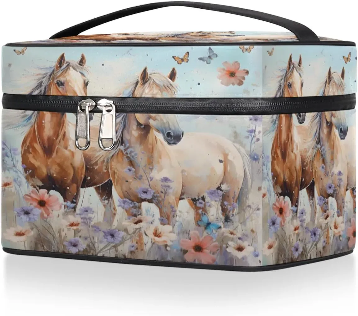 Makeup Bag Large Flowers Horses Toiletry Bag for Women Travel Cosmetic Bag Portable Makeup Bag for Bottles Brushes Lipstick Skin Care