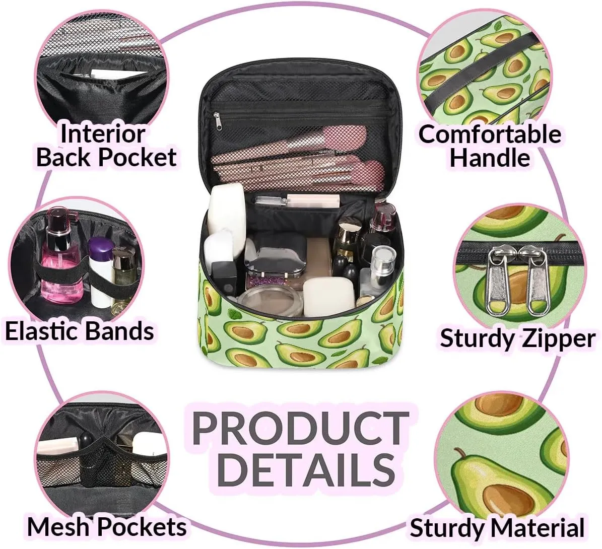 Makeup Bag Large Fruit Avocado Toiletry Bag for Women Travel Cosmetic Bag Portable Makeup Bag for Bottles Brushes Lipstick Skin Care