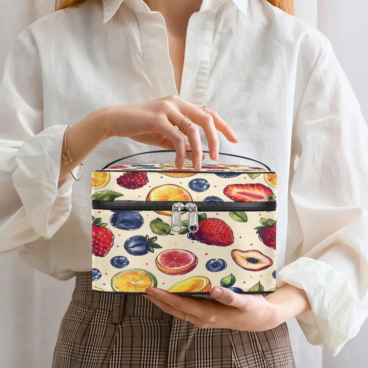 Makeup Bag Large Fruit Strawberry Orange Toiletry Bag for Women Travel Cosmetic Bag Portable Makeup Bag for Bottles Brushes Lipstick Skin Care