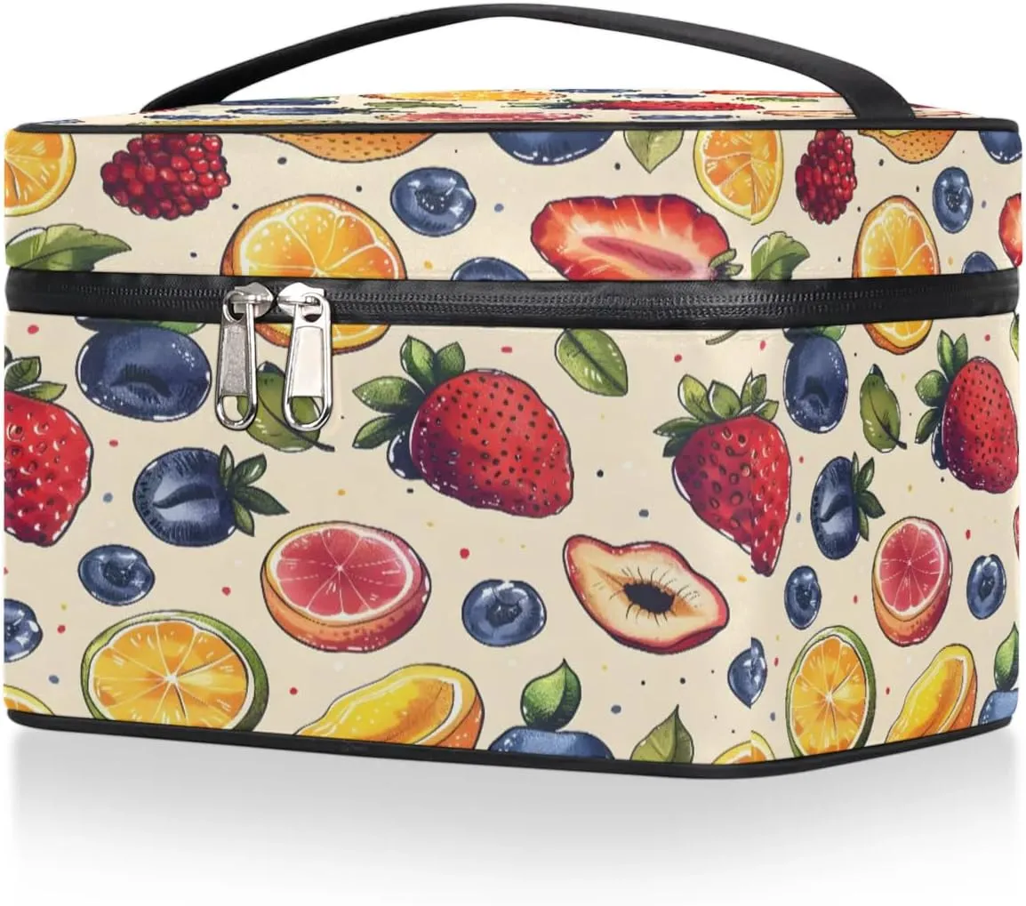 Makeup Bag Large Fruit Strawberry Orange Toiletry Bag for Women Travel Cosmetic Bag Portable Makeup Bag for Bottles Brushes Lipstick Skin Care
