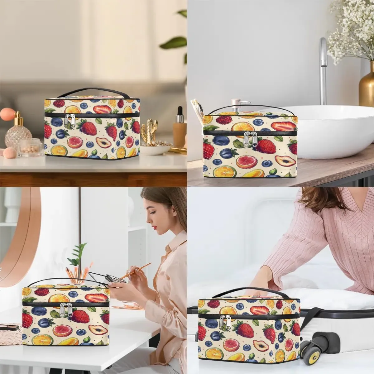 Makeup Bag Large Fruit Strawberry Orange Toiletry Bag for Women Travel Cosmetic Bag Portable Makeup Bag for Bottles Brushes Lipstick Skin Care