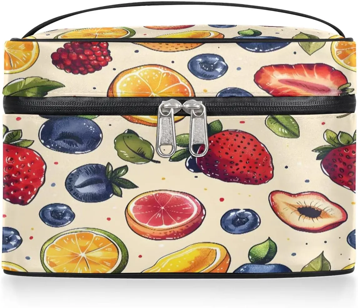 Makeup Bag Large Fruit Strawberry Orange Toiletry Bag for Women Travel Cosmetic Bag Portable Makeup Bag for Bottles Brushes Lipstick Skin Care