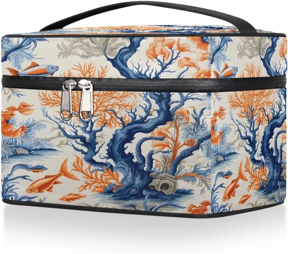 Makeup Bag Large Ocean Fish Coral Toiletry Bag for Women Travel Cosmetic Bag Portable Makeup Bag for Bottles Brushes Lipstick Skin Care