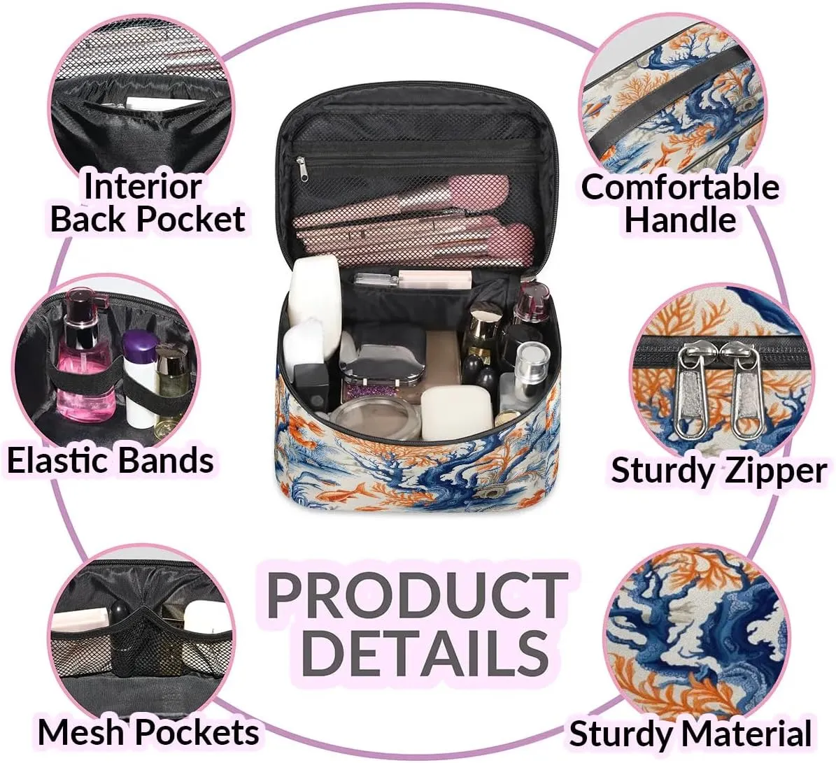 Makeup Bag Large Ocean Fish Coral Toiletry Bag for Women Travel Cosmetic Bag Portable Makeup Bag for Bottles Brushes Lipstick Skin Care