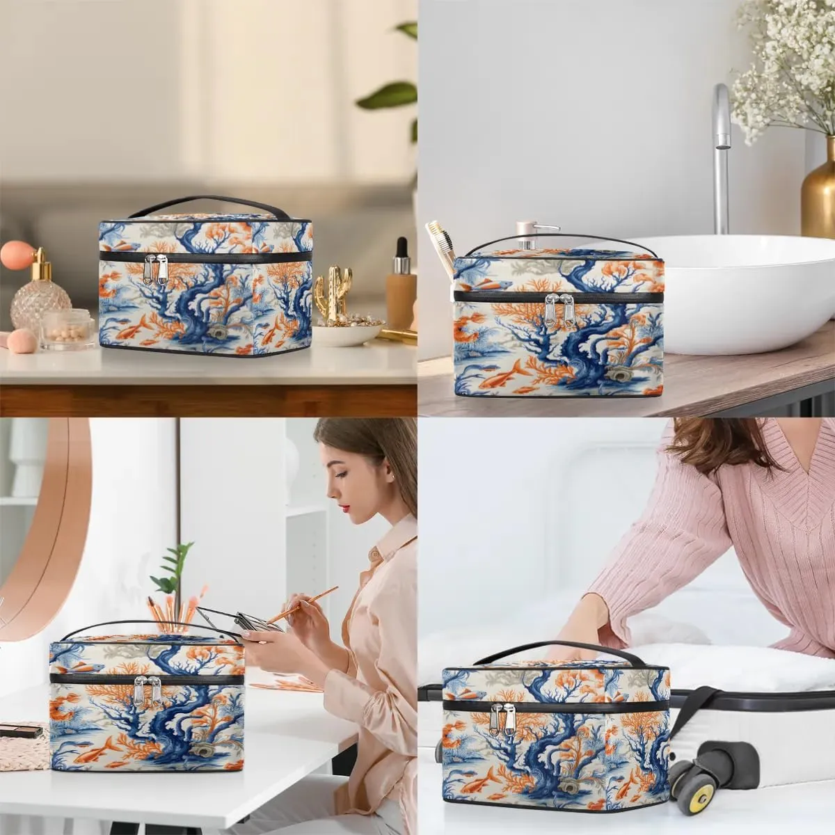 Makeup Bag Large Ocean Fish Coral Toiletry Bag for Women Travel Cosmetic Bag Portable Makeup Bag for Bottles Brushes Lipstick Skin Care