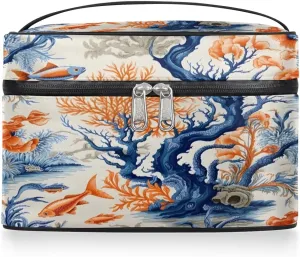 Makeup Bag Large Ocean Fish Coral Toiletry Bag for Women Travel Cosmetic Bag Portable Makeup Bag for Bottles Brushes Lipstick Skin Care