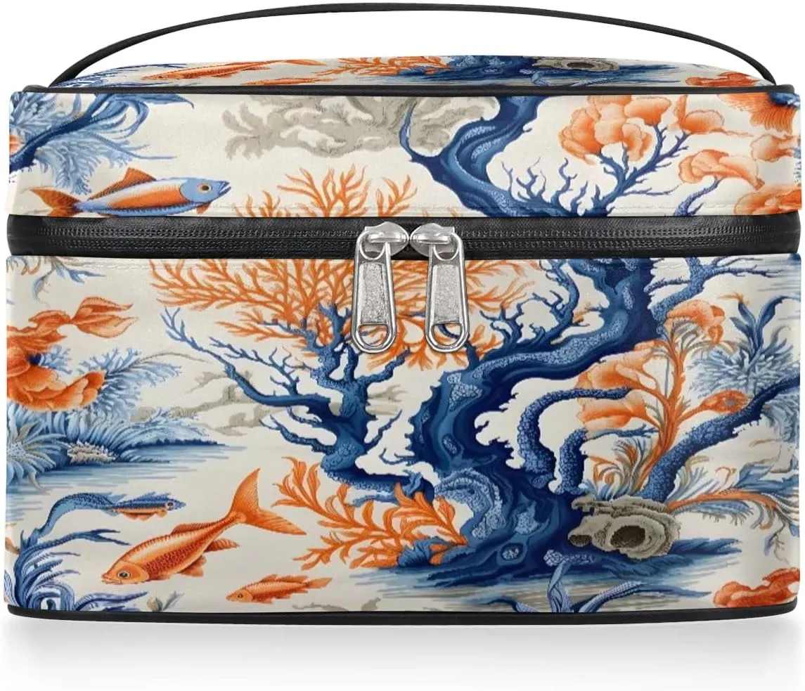 Makeup Bag Large Ocean Fish Coral Toiletry Bag for Women Travel Cosmetic Bag Portable Makeup Bag for Bottles Brushes Lipstick Skin Care