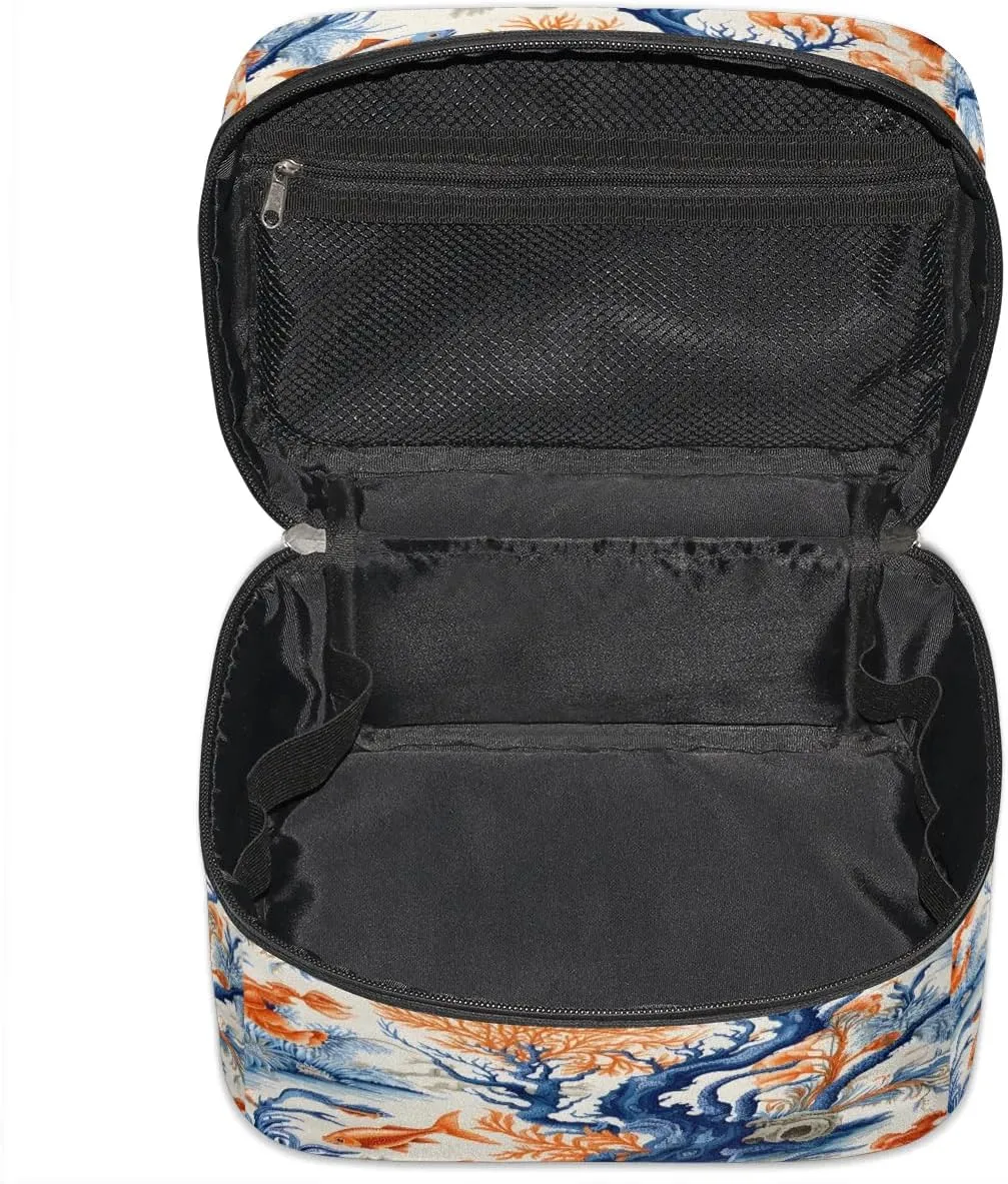 Makeup Bag Large Ocean Fish Coral Toiletry Bag for Women Travel Cosmetic Bag Portable Makeup Bag for Bottles Brushes Lipstick Skin Care