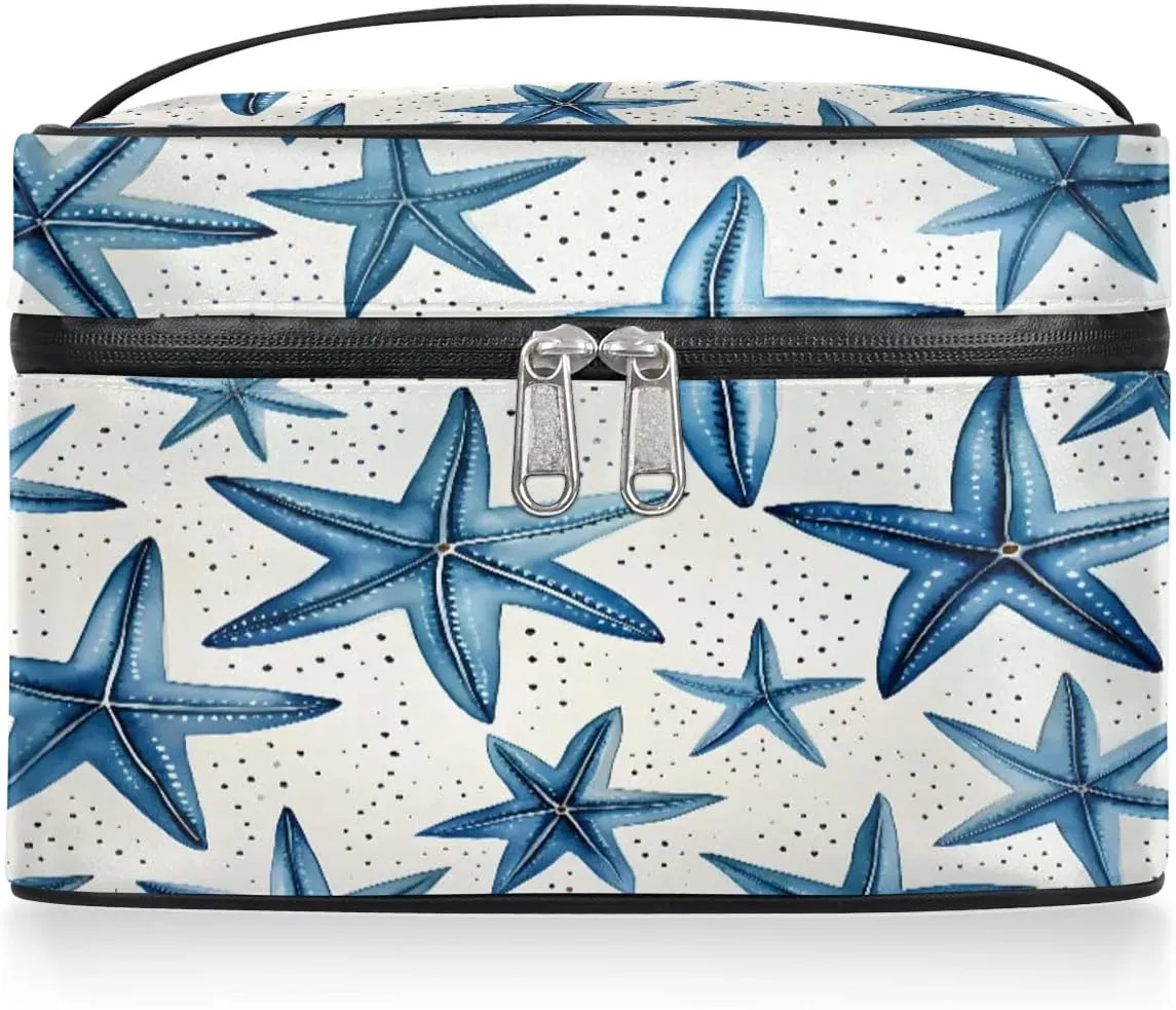 Makeup Bag Large Ocean Theme Starfish Toiletry Bag for Women Travel Cosmetic Bag Portable Makeup Bag for Bottles Brushes Lipstick Skin Care