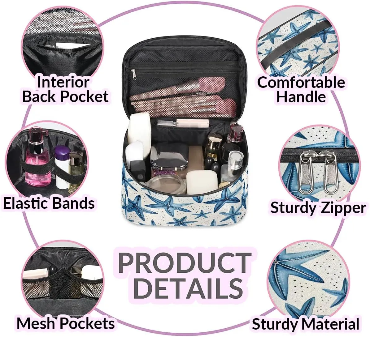 Makeup Bag Large Ocean Theme Starfish Toiletry Bag for Women Travel Cosmetic Bag Portable Makeup Bag for Bottles Brushes Lipstick Skin Care