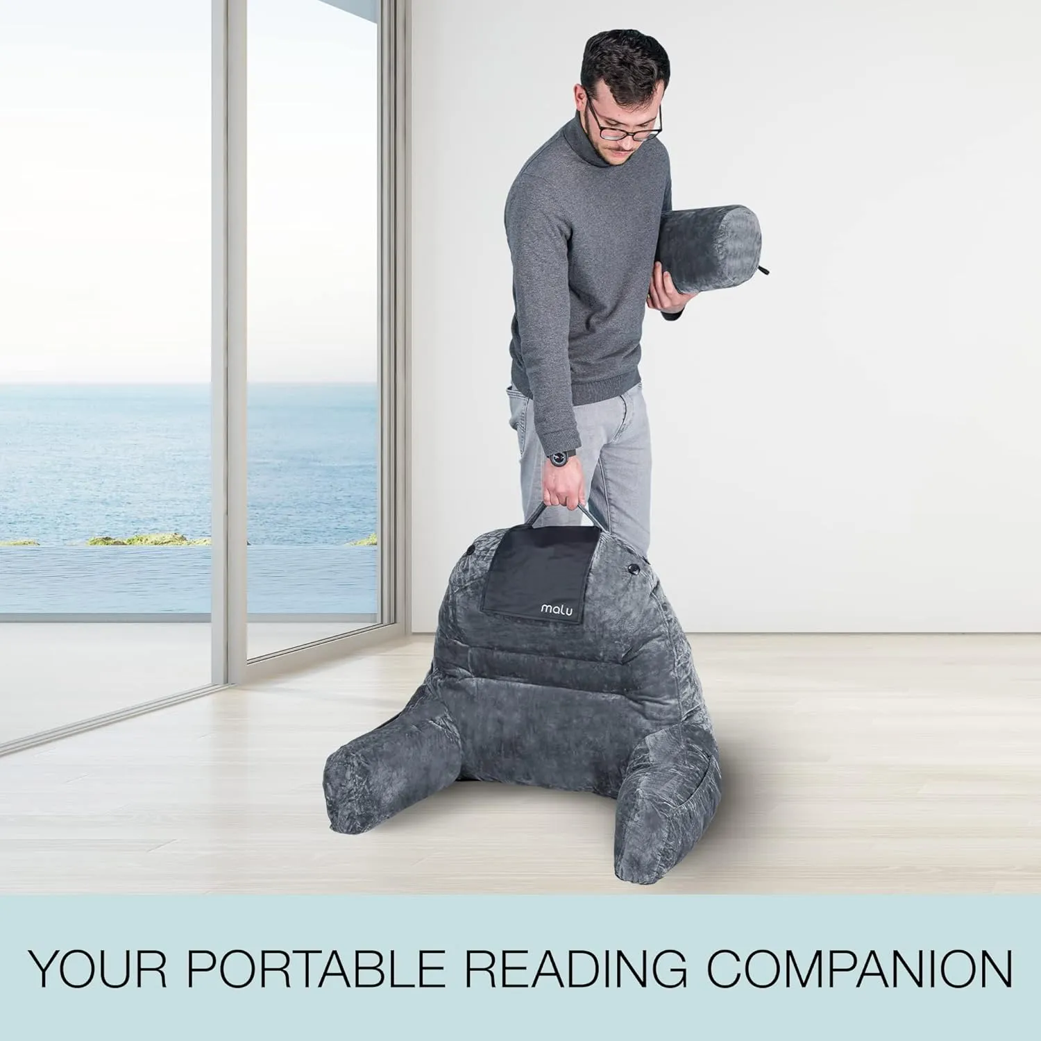 malu Extra Large Reading Pillow- Ergonomic Pillow- Back Pillow for Bed  Rolling Mat for Neck Support- with Shredded Memory Foam- for Sitting Up in Bed, Couch or Floor