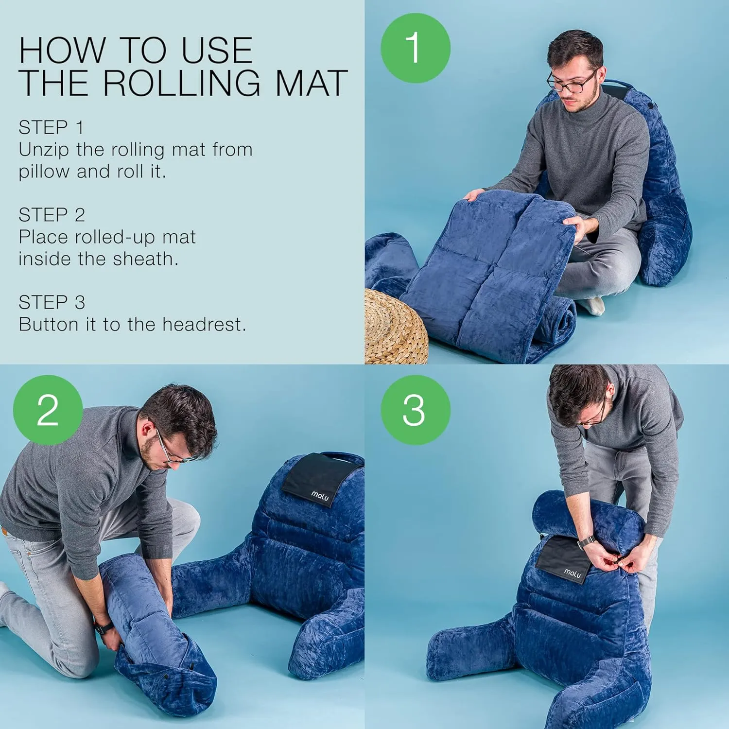 malu Extra Large Reading Pillow- Ergonomic Pillow- Back Pillow for Bed  Rolling Mat for Neck Support- with Shredded Memory Foam- for Sitting Up in Bed, Couch or Floor