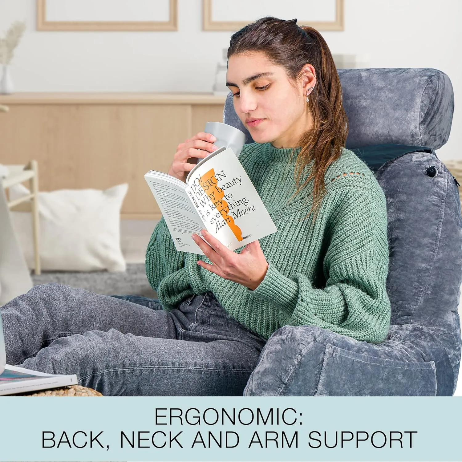 malu Extra Large Reading Pillow- Ergonomic Pillow- Back Pillow for Bed  Rolling Mat for Neck Support- with Shredded Memory Foam- for Sitting Up in Bed, Couch or Floor