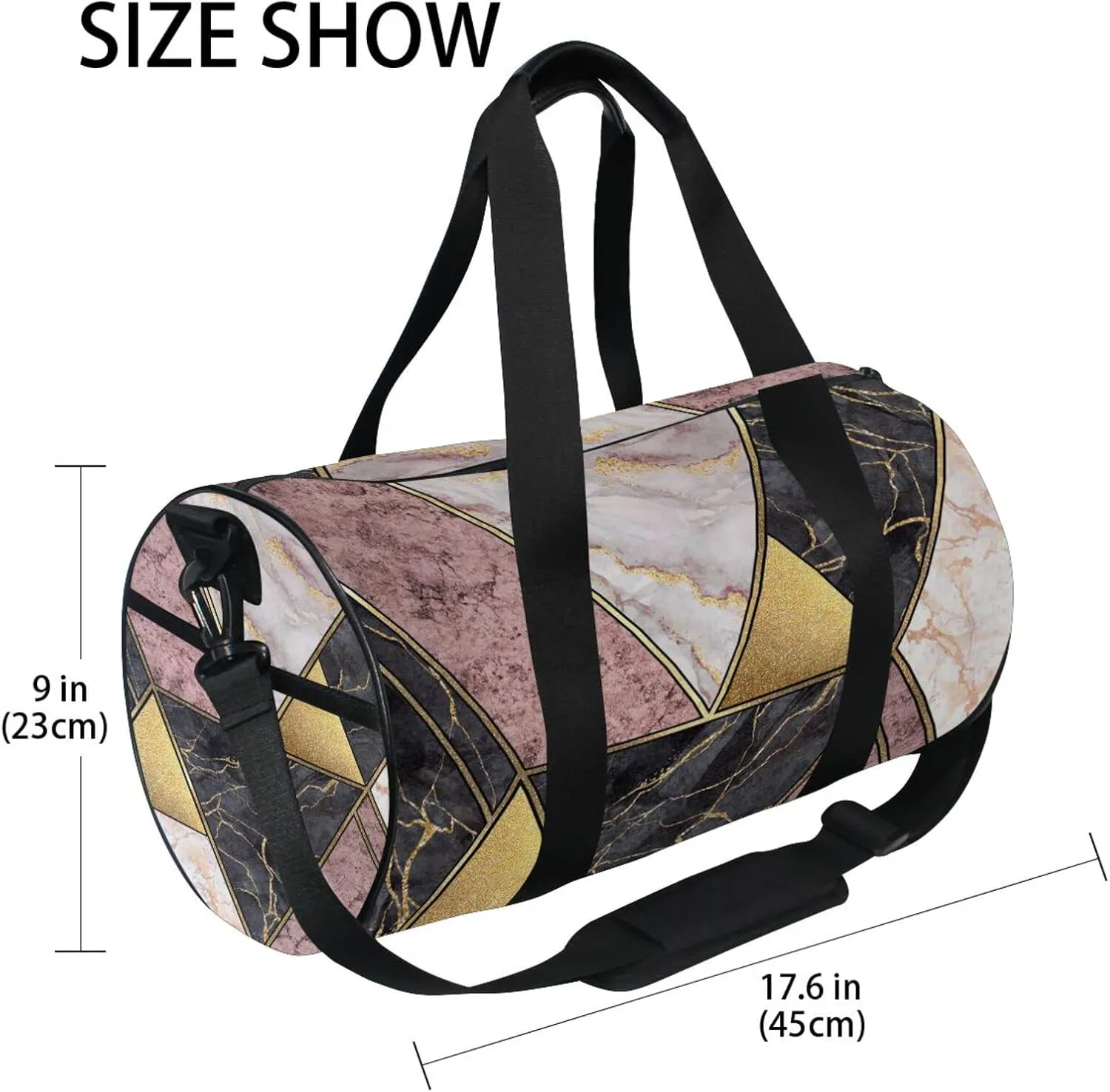 Marble Granite Agate Purple Pink Gold Black Paint Triangle Tiles Duffel Bag, Foldable Canvas Travel Tote for Gym Sports with Inner Pockets, Durable Lightweight Fitness Bag for Overnight Workout