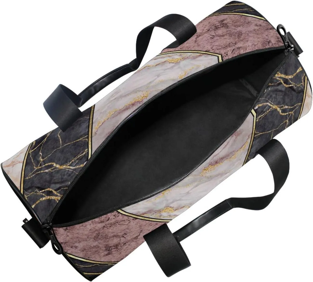 Marble Granite Agate Purple Pink Gold Black Paint Triangle Tiles Duffel Bag, Foldable Canvas Travel Tote for Gym Sports with Inner Pockets, Durable Lightweight Fitness Bag for Overnight Workout