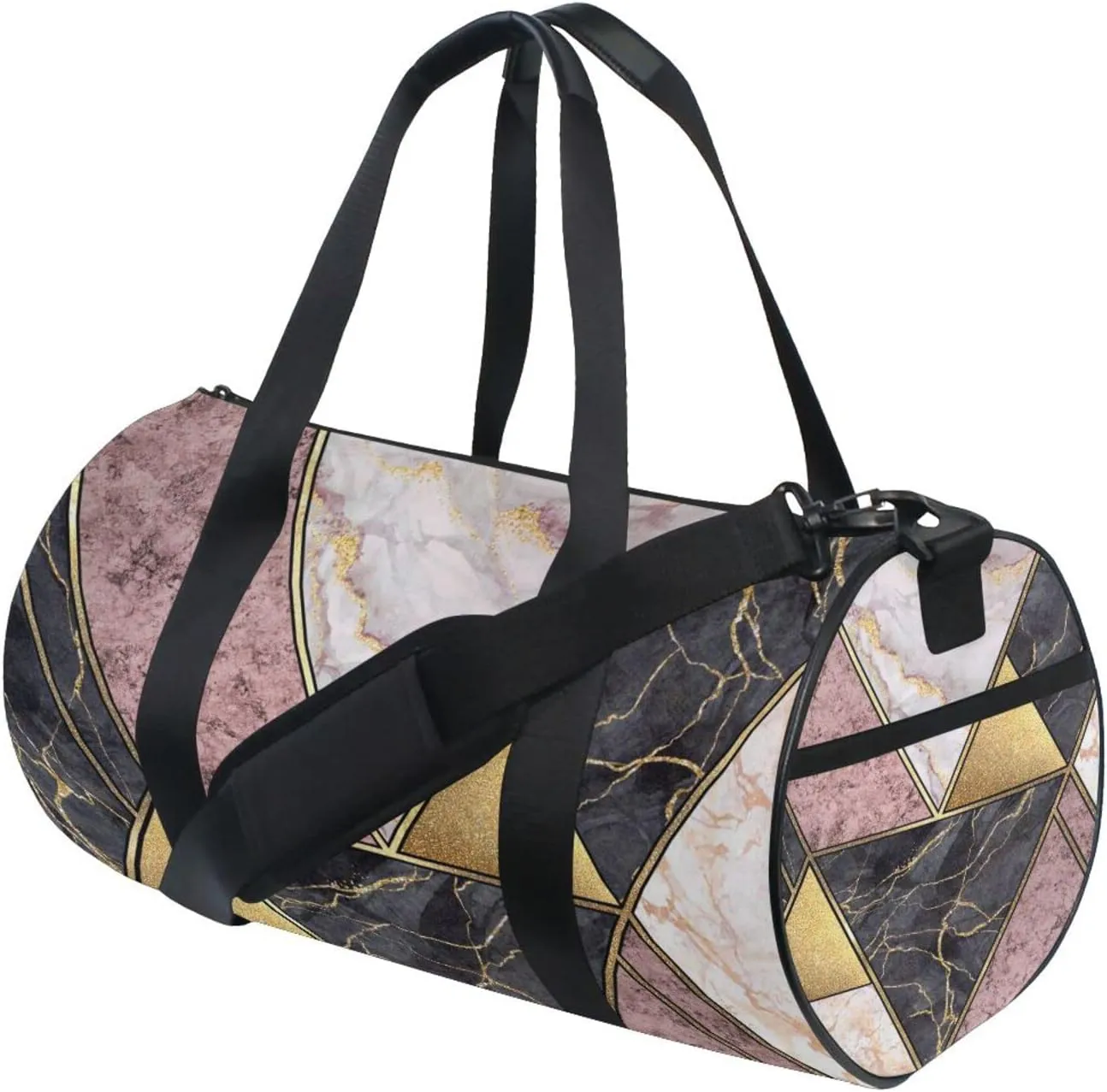 Marble Granite Agate Purple Pink Gold Black Paint Triangle Tiles Duffel Bag, Foldable Canvas Travel Tote for Gym Sports with Inner Pockets, Durable Lightweight Fitness Bag for Overnight Workout
