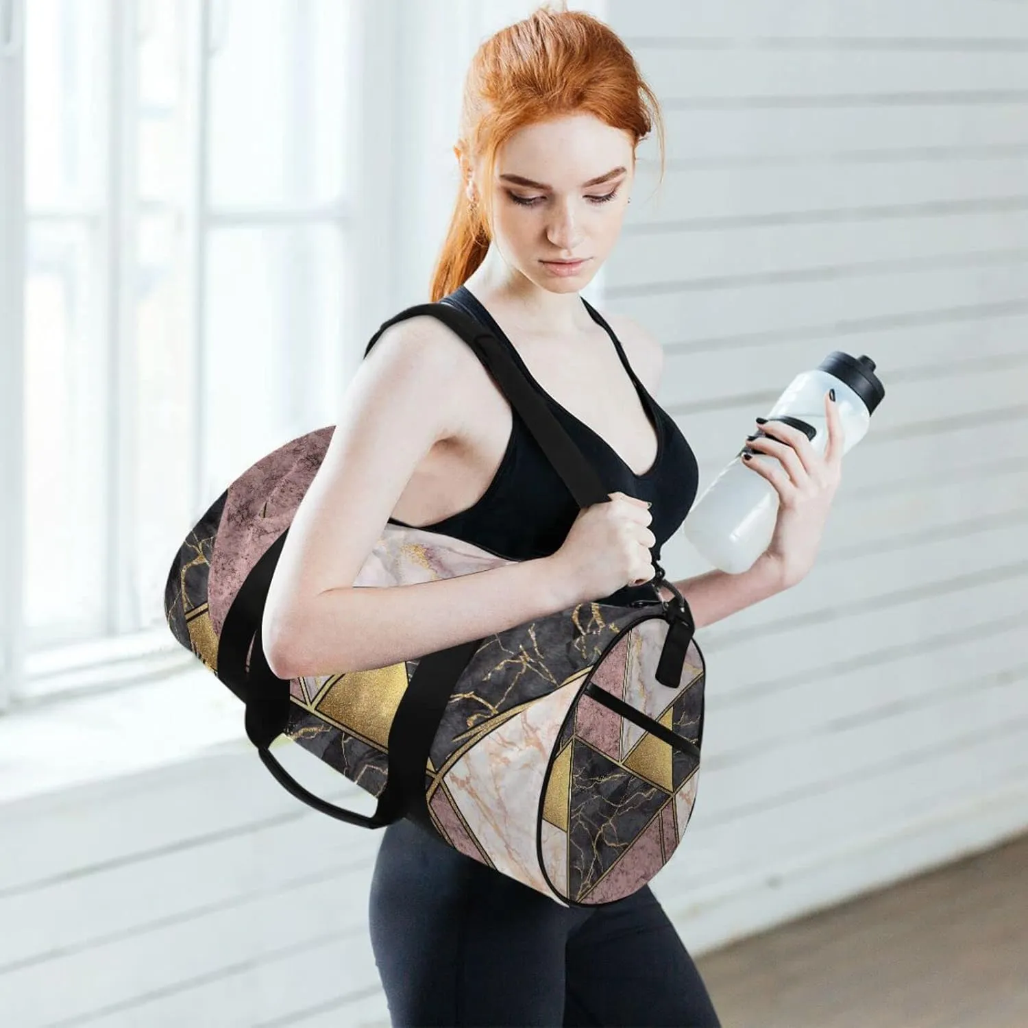 Marble Granite Agate Purple Pink Gold Black Paint Triangle Tiles Duffel Bag, Foldable Canvas Travel Tote for Gym Sports with Inner Pockets, Durable Lightweight Fitness Bag for Overnight Workout
