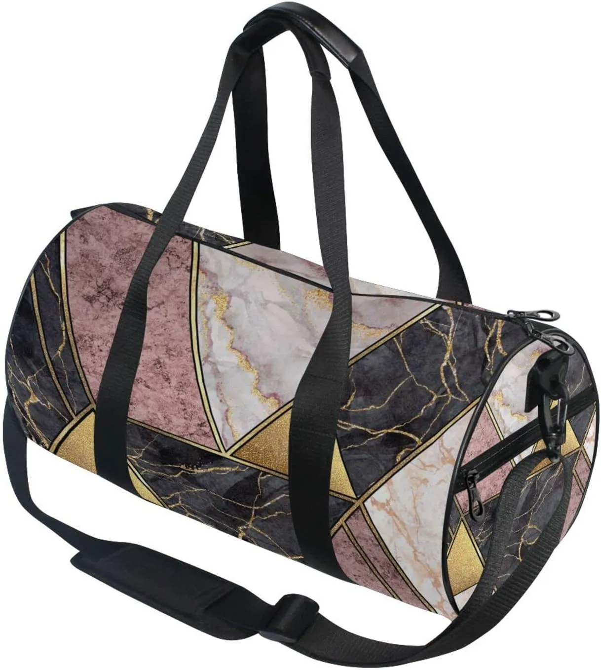 Marble Granite Agate Purple Pink Gold Black Paint Triangle Tiles Duffel Bag, Foldable Canvas Travel Tote for Gym Sports with Inner Pockets, Durable Lightweight Fitness Bag for Overnight Workout