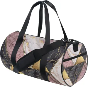 Marble Granite Agate Purple Pink Gold Black Paint Triangle Tiles Duffel Bag, Foldable Canvas Travel Tote for Gym Sports with Inner Pockets, Durable Lightweight Fitness Bag for Overnight Workout