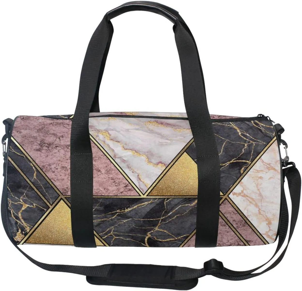 Marble Granite Agate Purple Pink Gold Black Paint Triangle Tiles Duffel Bag, Foldable Canvas Travel Tote for Gym Sports with Inner Pockets, Durable Lightweight Fitness Bag for Overnight Workout