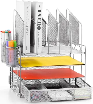 Marbrasse Desk Organizers, 4-Tier Mesh Desk File Organizer with 5 Vertical File Holders and 2 Pen Holders, Multifunction Desktop Organizer,Desk Organizers and Accessories for Home Office (Silver)