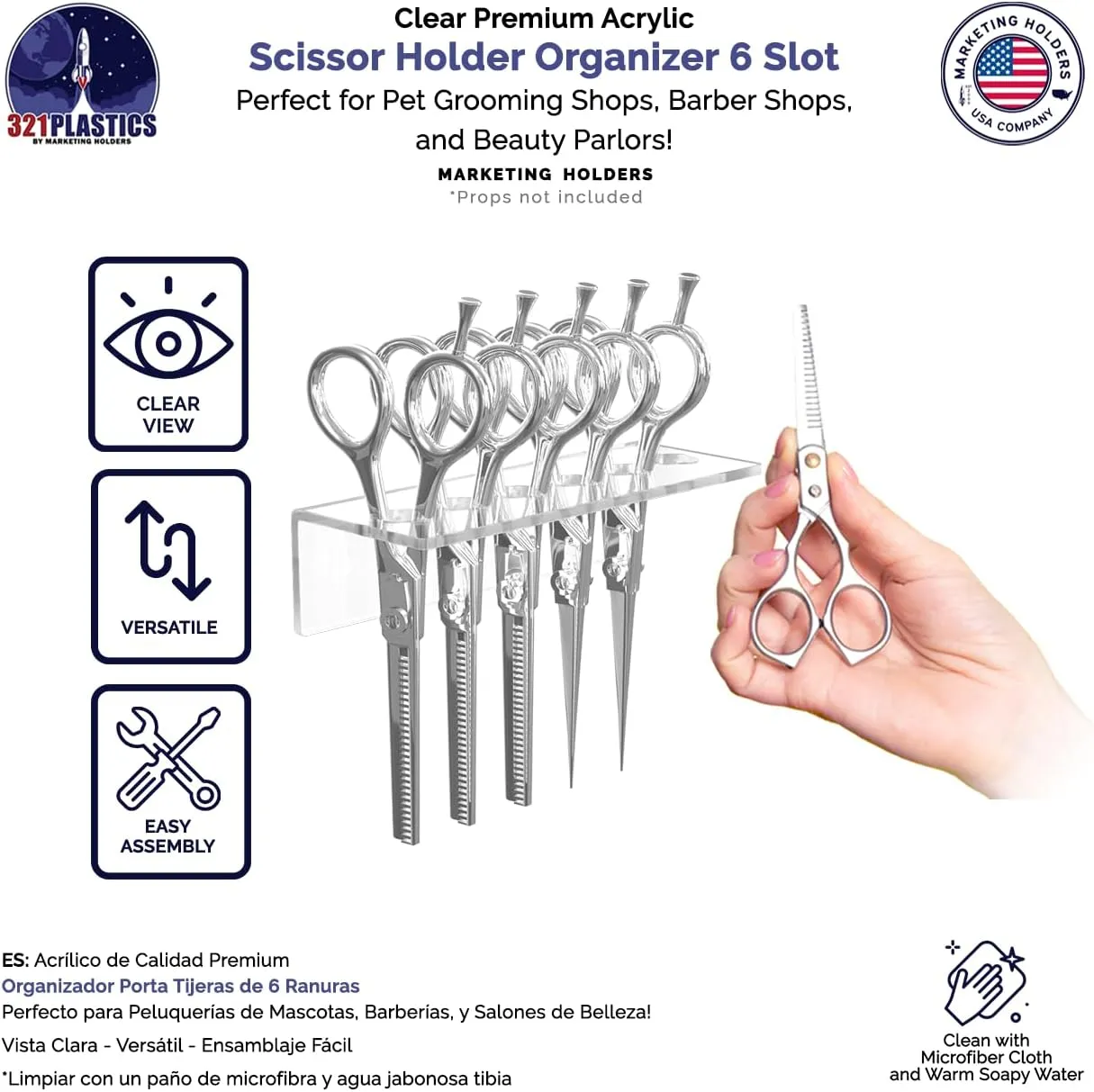 Marketing Holders Hanging Acrylic Scissor Organizer Clear Acrylic 7.75 Inch Wide Wall Mount Multi Slot Rack with Hardware Shear Display One Piece for Professional Stylists Barbers and Dog Groomers