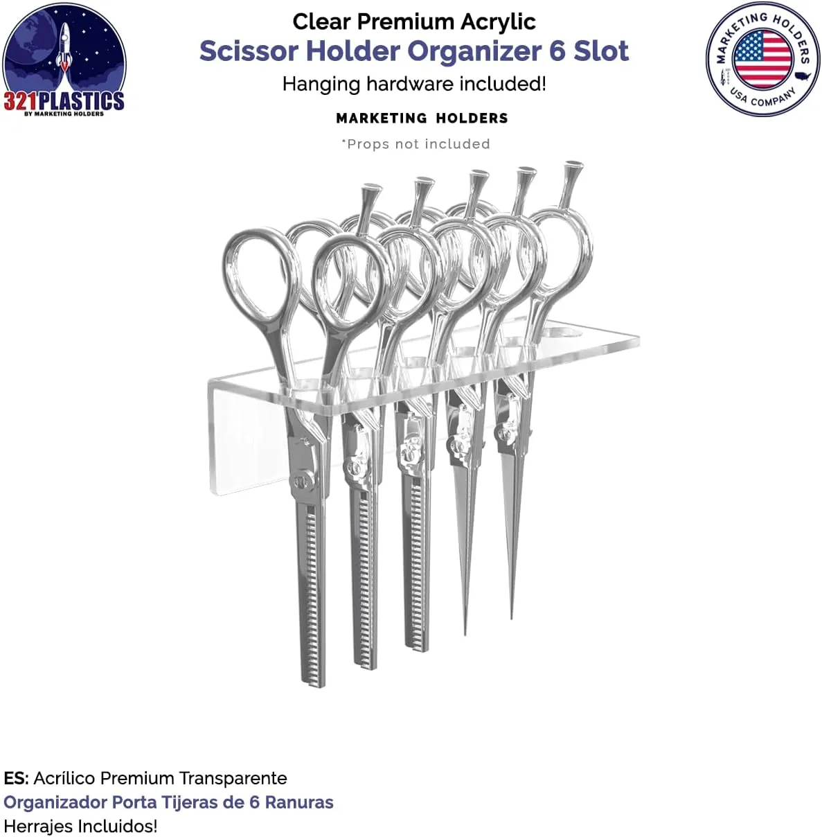 Marketing Holders Hanging Acrylic Scissor Organizer Clear Acrylic 7.75 Inch Wide Wall Mount Multi Slot Rack with Hardware Shear Display One Piece for Professional Stylists Barbers and Dog Groomers