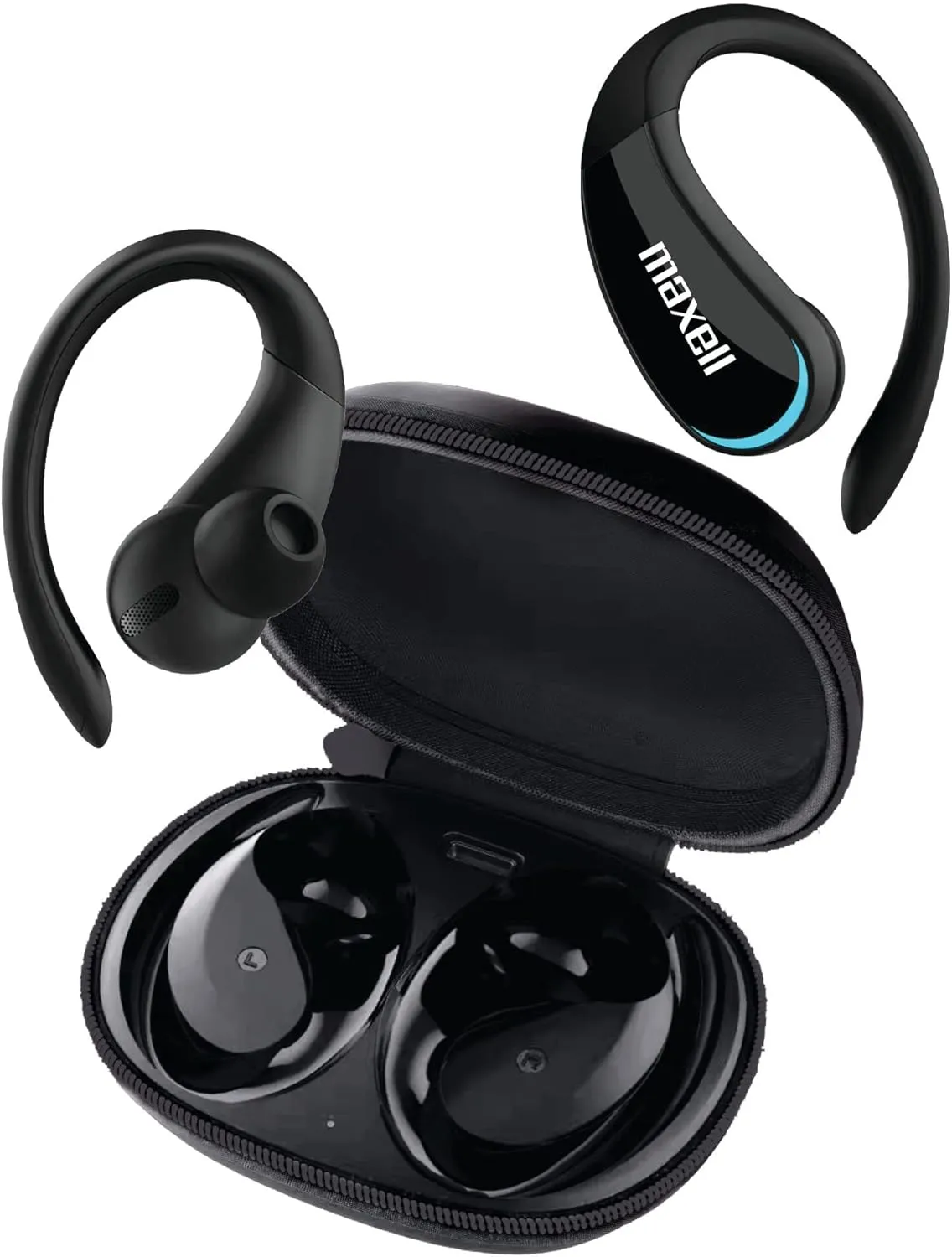 Maxell True Wireless Earbuds with Earhooks - 15H Battery Life, Bluetooth 5.0, Noise Isolating, Heavy Bass, Call Functions - TWS Bluetooth Earphones with Charging case for Sport, Running, Workout