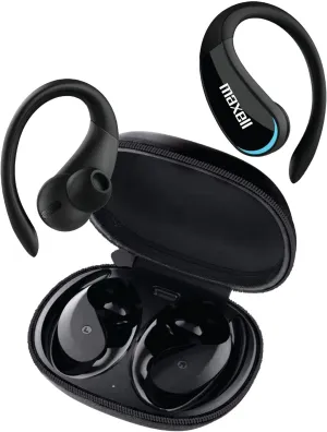 Maxell True Wireless Earbuds with Earhooks - 15H Battery Life, Bluetooth 5.0, Noise Isolating, Heavy Bass, Call Functions - TWS Bluetooth Earphones with Charging case for Sport, Running, Workout