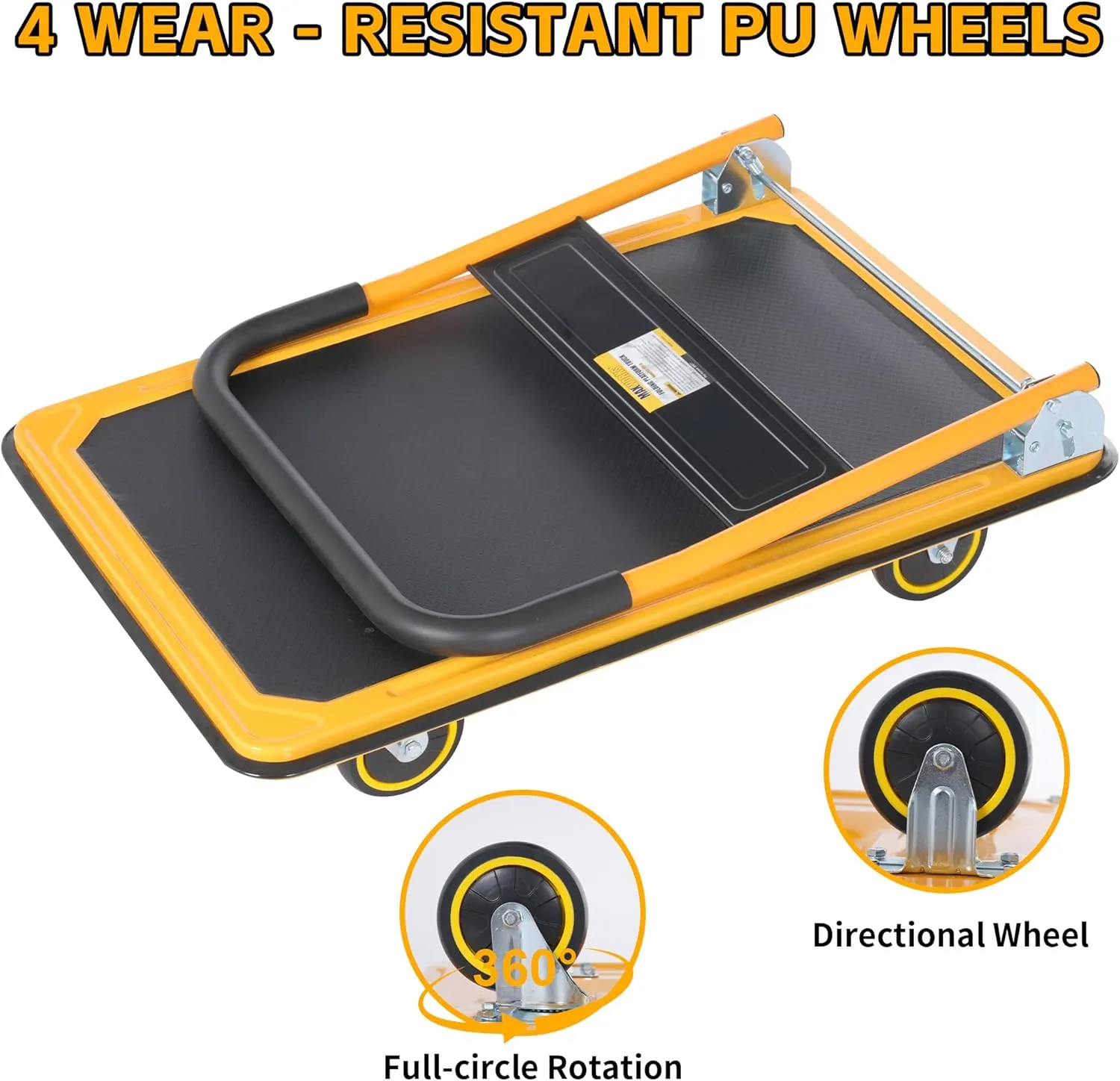 MaxWorks 80876- Foldable Platform Truck Push Dolly 330 lb. Weight Capacity Black and Yellow 28.75" x 18.75" x 33"