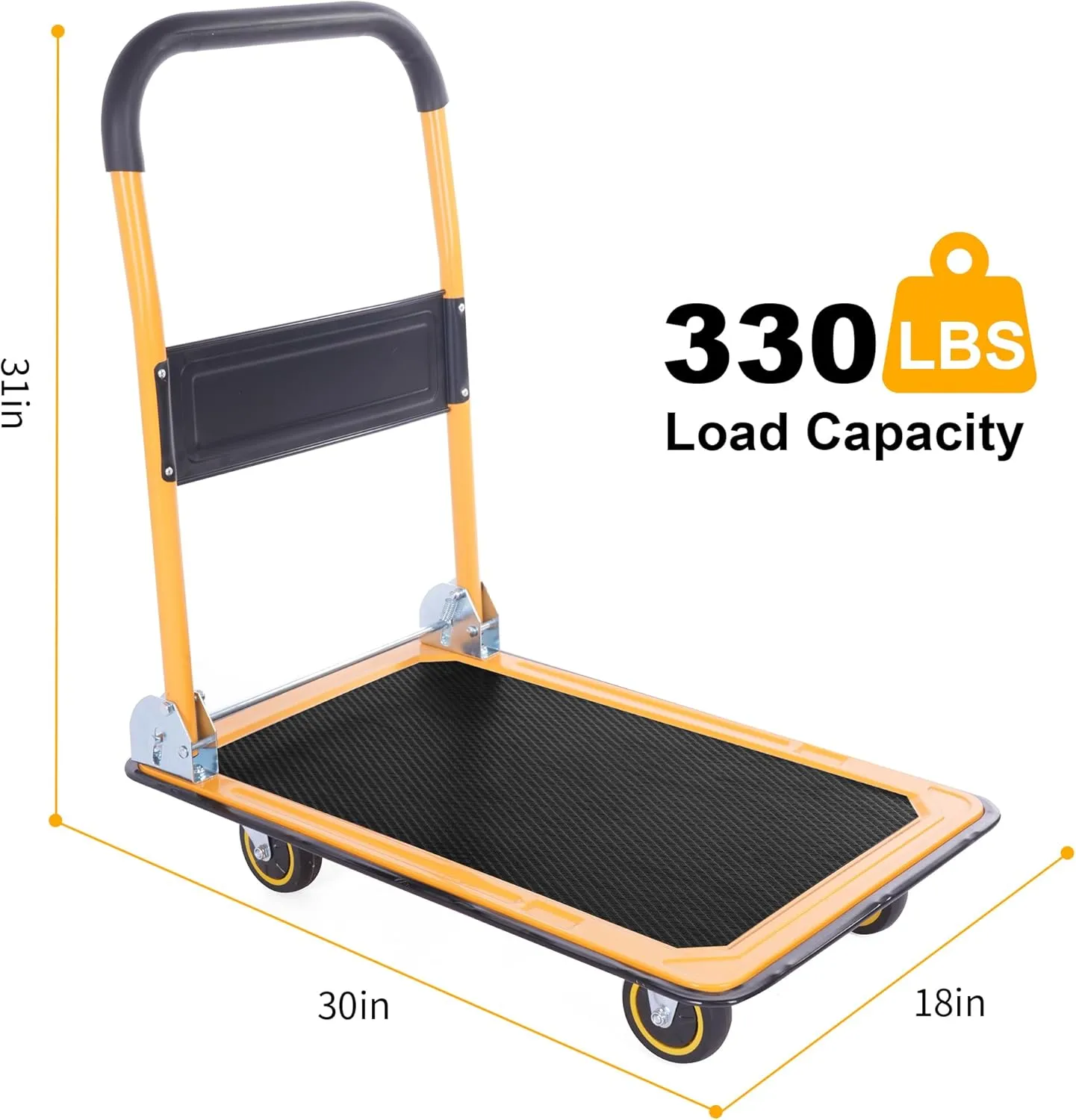 MaxWorks 80876- Foldable Platform Truck Push Dolly 330 lb. Weight Capacity Black and Yellow 28.75" x 18.75" x 33"