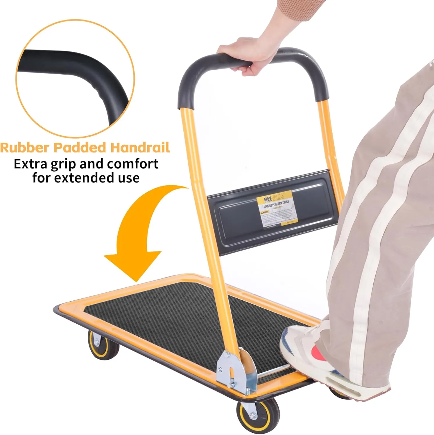 MaxWorks 80876- Foldable Platform Truck Push Dolly 330 lb. Weight Capacity Black and Yellow 28.75" x 18.75" x 33"