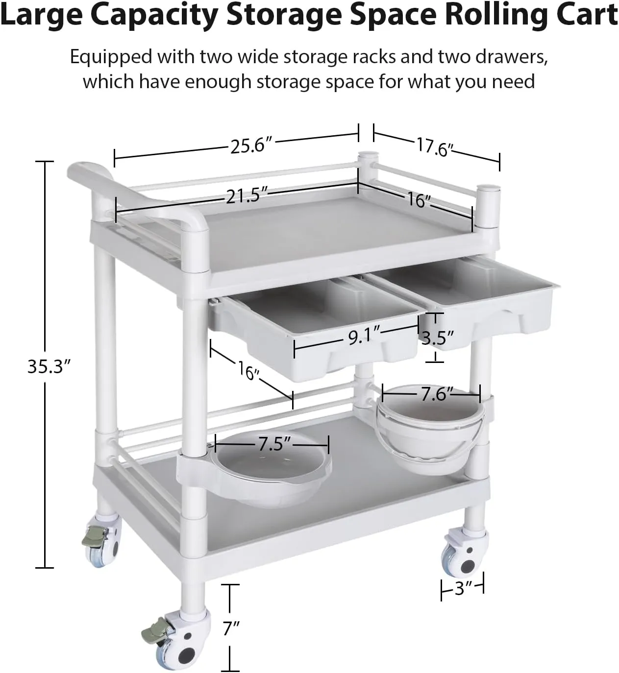 Medical Mobile Trolley Cart 2-Shelf 220 LBS Max Load Rolling Utility Cart Heavy Duty Beauty Salon Storage Cart with Drawers Dirt Buckets Rotate Wheels 2 Brake for Hospital Dental Clinic Home