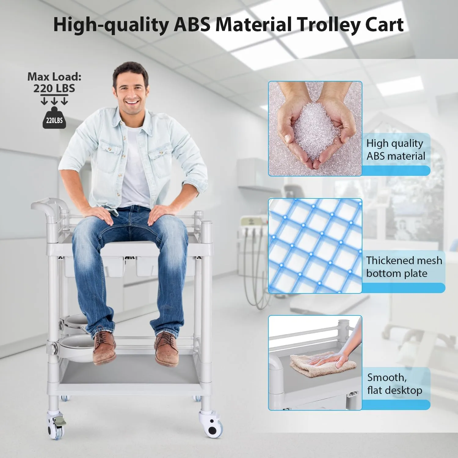Medical Mobile Trolley Cart 2-Shelf 220 LBS Max Load Rolling Utility Cart Heavy Duty Beauty Salon Storage Cart with Drawers Dirt Buckets Rotate Wheels 2 Brake for Hospital Dental Clinic Home