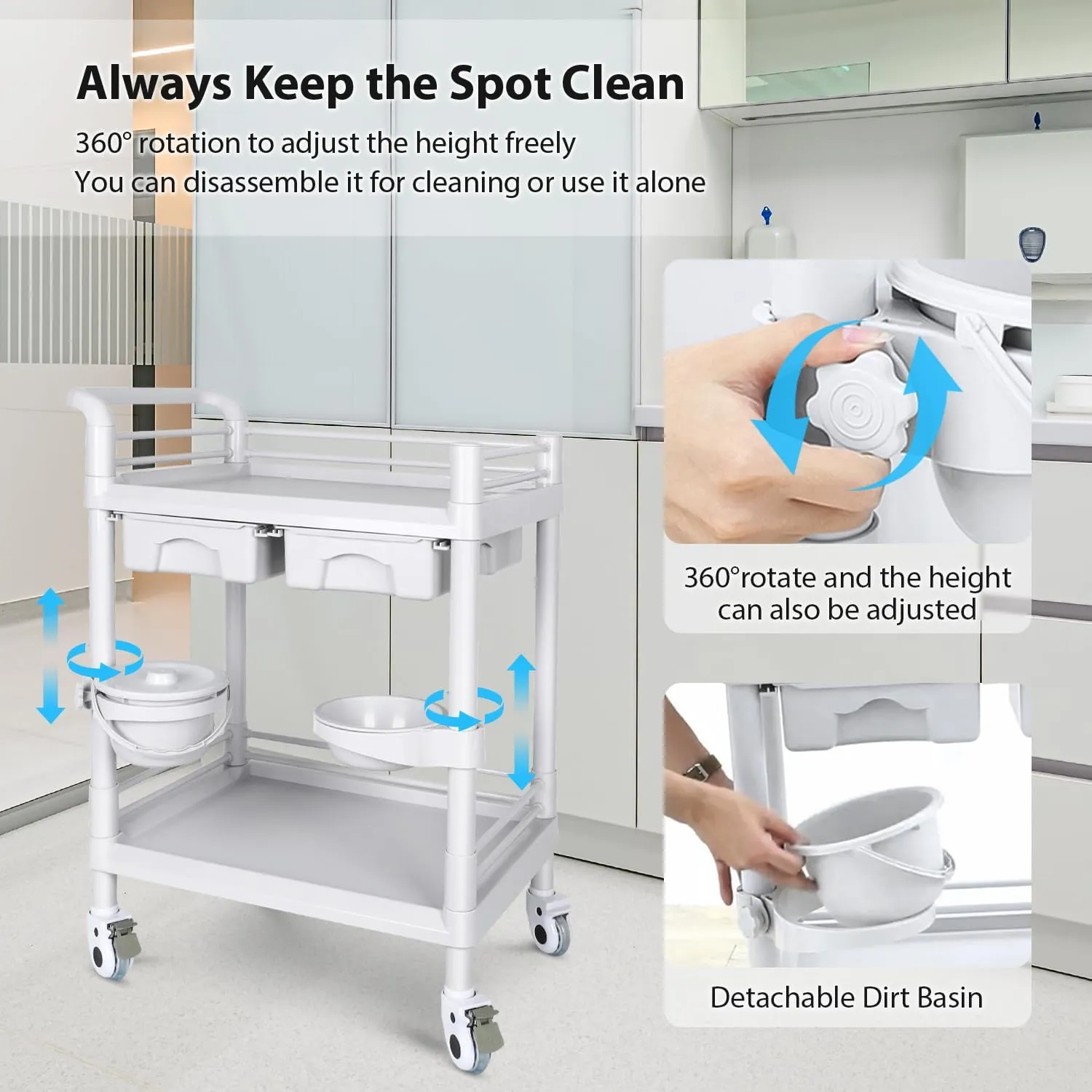 Medical Mobile Trolley Cart 2-Shelf 220 LBS Max Load Rolling Utility Cart Heavy Duty Beauty Salon Storage Cart with Drawers Dirt Buckets Rotate Wheels 2 Brake for Hospital Dental Clinic Home