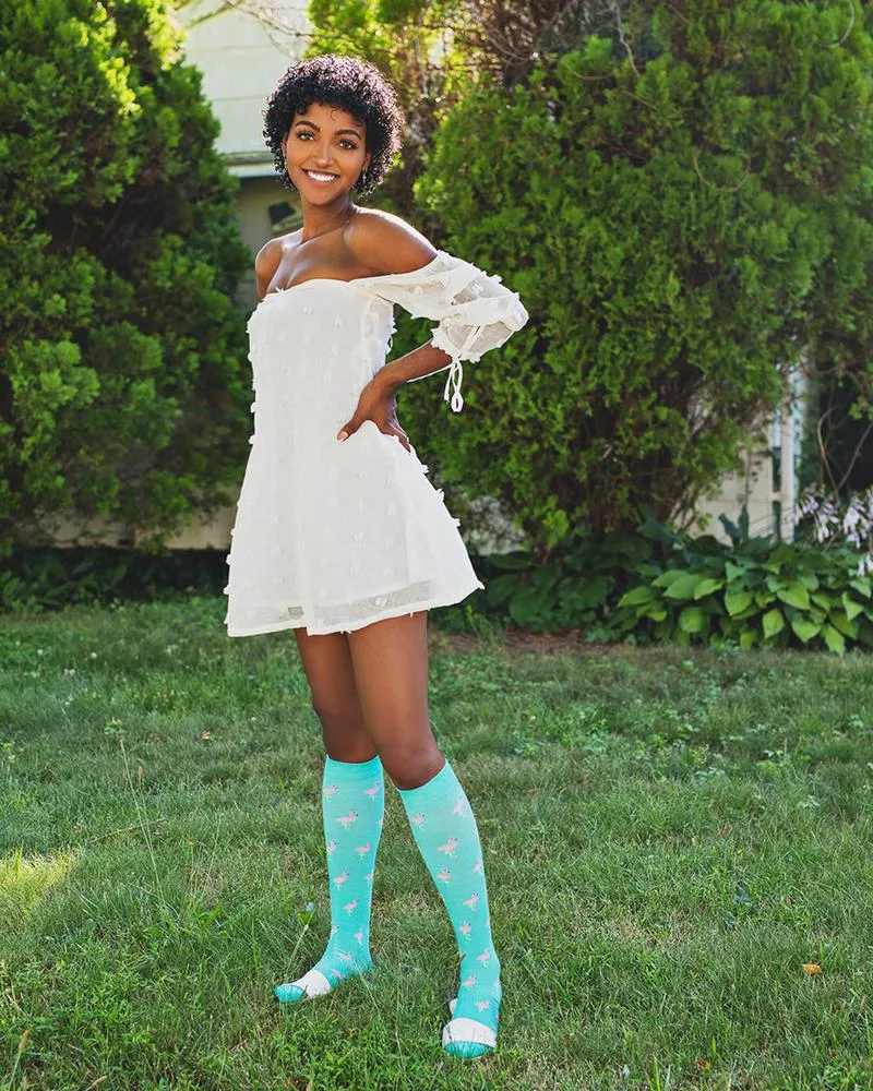 MEMOI MFY06337 TEAL FANCY FLAMINGO COMPRESSION SOCKS